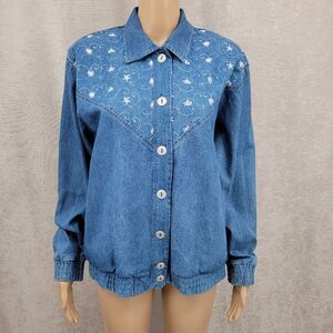 Teddi Vintage Blue Denim Chambray Jean Jacket White Floral Embroidery Western